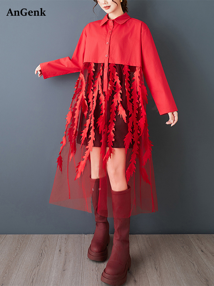 Women'S Red Formal Wear - Сетчатое лоскутное красное винтажное платье-рубашка для